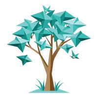 Flat Tree with a Paper Origami Bird Canopy for a Delicate and Intricate Design with Pink Flowers and Green Leaves vector