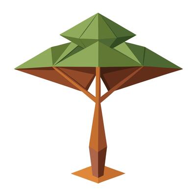 Detailed Illustration of a Flat Tree with a Paper Origami Style Canopy for a Delicate and Intricate Design