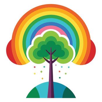 Flat Tree with a Rainbow Canopy in a Whimsical Setting vector