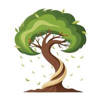 Botanical Flat Tree with a Green Swirling Tornado Trunk in a Natural Setting vector