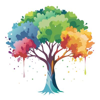 Vibrant Flat Tree with a Brightly Colored Watercolor Splash Canopy in a High-Tech Setting