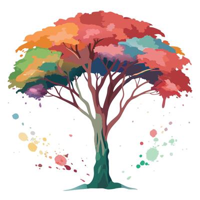 Flat Tree with a Watercolor Splash Canopy in a Whimsical Setting