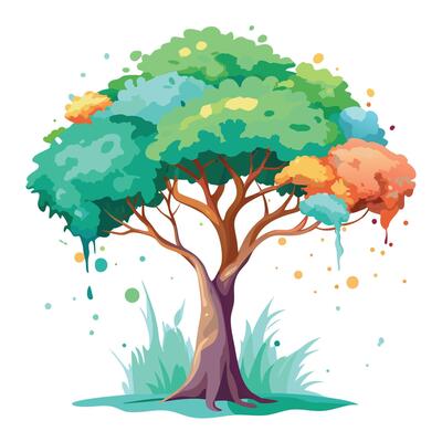 Botanical Flat Tree with a Green Watercolor Splash Canopy in a Natural Setting