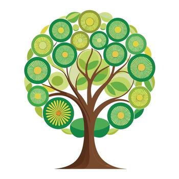 vibrante plano árbol con brillantemente de colores hojas y maletero en un alta tecnología ajuste aislado en blanco antecedentes vector