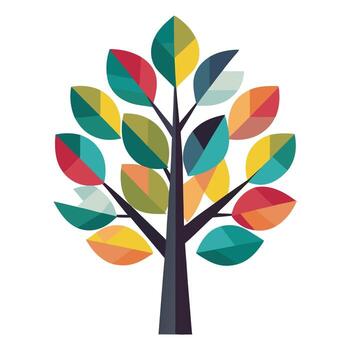 Botanical Flat Tree with Green Leaves and Trunk in a Natural Setting and Isolated on a white Background vector