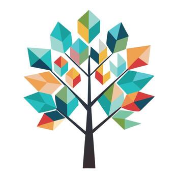 Vibrant Flat Tree with Brightly Colored Leaves and Trunk in a High-Tech Setting and Isolated on a white Background vector