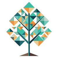 Flat Tree with Abstract Geometric Leaves Create a Flat Style with Pink Flowers and Green Leaves in a Garden Setting vector