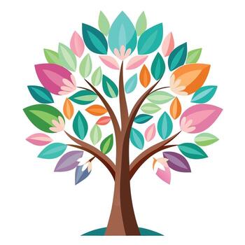 Botanical Flat Tree with Green Leaves and Trunk in a Natural Setting vector