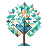 Flat Tree with Abstract Geometric Leaves Create a Flat Style with Purple Flowers and Green Leaves in a Garden Setting vector