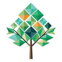 Flat Tree with Abstract Geometric Leaves Create a Flat Style with Brown Flowers and Green Leaves in a Garden Setting vector