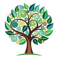 Flat Tree with Abstract Leaf Patterns Design a Flat Style with Purple Flowers and Green Leaves in a Garden Setting vector