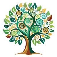 Detailed Illustration of a Flat Tree with Abstract Leaf Patterns Design a Flat Style with White Petals and Long Stems vector