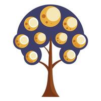 Flat Tree with Abstract Moon Phases Integrated in the Leaves and Purple Flowers and Green Leaves in a Garden Setting vector
