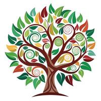 Flat Tree with Abstract Leaf Patterns Design a Flat Style with Pink Flowers and Green Leaves in a Garden Setting vector