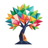 Flat Tree with Abstract Polygonal Leaves Design a Flat Style with Purple Flowers and Green Leaves in a Garden Setting vector