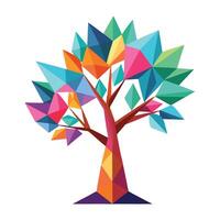 Flat Tree with Abstract Polygonal Leaves Design a Flat Style with Pink Flowers and Green Leaves in a Garden Setting vector