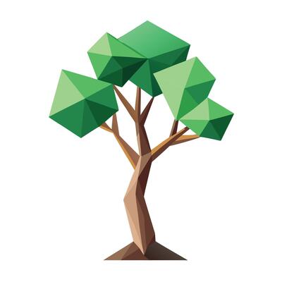 Detailed Illustration of a Flat Tree with Abstract Polygonal Leaves Generate a Flat Style with White Petals and Long Stems