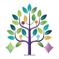 Flat Tree with Abstract Sound Wave Leaves Design a Flat Style with Pink Flowers and Green Leaves in a Garden Setting vector