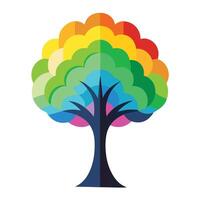 Flat Tree with Abstract Rainbow Gradient Canopy and Pink Flowers and Green Leaves in a Garden Setting vector
