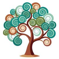 Flat Tree with Abstract Spirals for Canopy Create a Flat Style with Purple Flowers and Green Leaves in a Garden Setting vector
