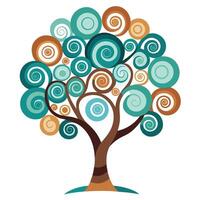 Flat Tree with Abstract Spirals for Canopy Create a Flat Style with Pink Flowers and Green Leaves in a Garden Setting vector