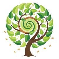 Flat Tree with Abstract Spiral Leaf Arrangement and Pink Flowers and Green Leaves in a Garden Setting vector