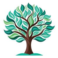 Flat Tree with Abstract Swirls and Wave Patterns and Purple Flowers and Green Leaves in a Garden Setting vector