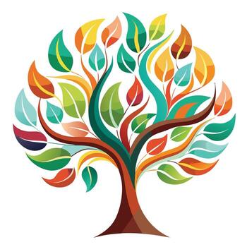 Flat Tree with Abstract Swirls as Leaves Design a Flat Style with Pink Flowers and Green Leaves in a Garden Setting vector