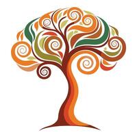 Detailed Illustration of a Flat Tree with Abstract Swirls for the Canopy Generate a Flat Style with White Petals and Long Stems vector