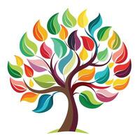 Flat Tree with Abstract Swirls as Leaves Design a Flat Style with Purple Flowers and Green Leaves in a Garden Setting vector