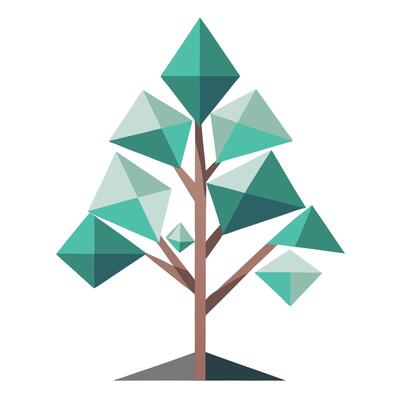 Flat Tree with Abstract Triangle Leaves Design a Flat Style with Purple Flowers and Green Leaves in a Garden Setting