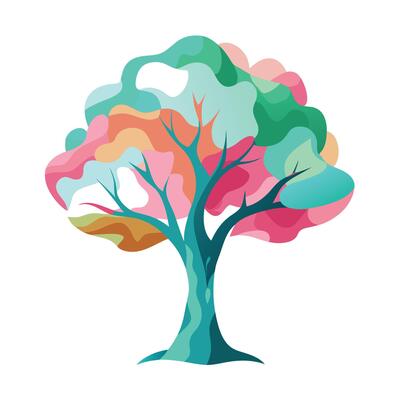 Beautiful Flat Tree with Abstract Watercolor Effect Generate a Flat Style and Green Leaves