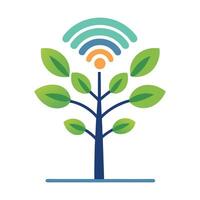 Botanical Flat Tree with Green Abstract Wi-Fi Signal Leaves in a Natural Setting vector