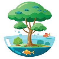 Flat Tree with an Aquarium Canopy Containing Fish for a Unique and Whimsical Design with Purple Flowers and Green Leaves vector