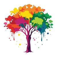 Flat Tree with an Explosion of Colorful Ink Splash for a Vibrant and Dynamic Design with Pink Flowers and Green Leaves vector