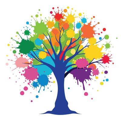 Flat Tree with an Explosion of Colorful Ink Splash for a Vibrant and Dynamic Design in a Garden Setting