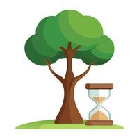 Flat Tree with an Hourglass Trunk Symbolizing Time and Patience with Purple Flowers and Green Leaves vector