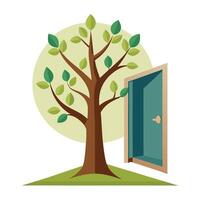 Flat Tree with an Open Door in the Trunk Create a Sense of Mystery and Wonder with Purple Flowers and Green Leaves vector