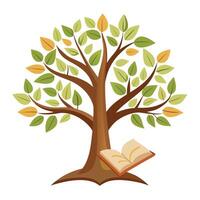 Detailed Illustration of a Flat Tree with Ancient Scroll and Book Leaves Design a Flat Style and Green Leaves vector