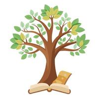 Flat Tree with Ancient Scroll and Book Leaves Design a Flat Style and Green Leaves in a Garden Setting vector