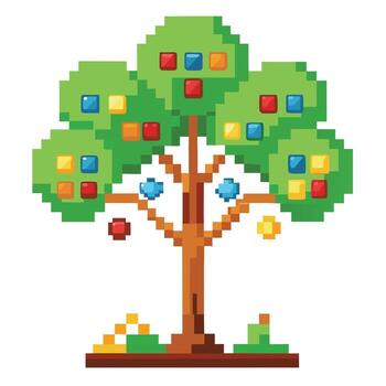 vibrante plano árbol con brillantemente de colores arcada juego píxel hojas en un alta tecnología ajuste vector