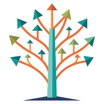 vibrante plano árbol con brillantemente de colores flechas creciente desde el ramas en un alta tecnología ajuste vector