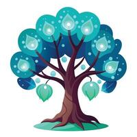 Botanical Flat Tree with Green Bioluminescent Glow Leaves in a Natural Setting vector