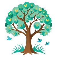 Botanical Flat Tree with Green Birds Forming the Canopy in a Natural Setting vector