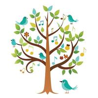 Flat Tree with Birds Sitting on Branches in a Whimsical Setting vector