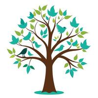 Botanical Flat Tree with Green Bird Silhouettes in a Natural Setting vector