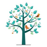 Vibrant Flat Tree with Brightly Colored Birds Sitting on Branches in a High-Tech Setting vector
