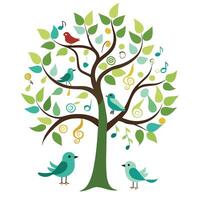 Botanical Flat Tree with Green Birds Sitting on Branches in a Natural Setting vector