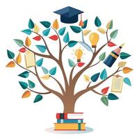 Botanical Flat Tree with Green Book and Knowledge Symbol Leaves in a Natural Setting vector