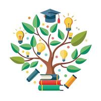 Vibrant Flat Tree with Brightly Colored Book and Knowledge Symbol Leaves in a High-Tech Setting vector